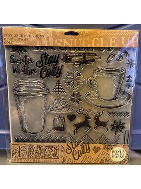 IOD Iron Orchid Designs Christmas Decor Stamp "Cozy" With Masks Coffee Reindeer